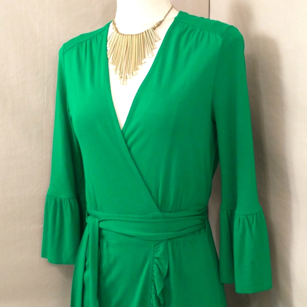 Emerald Green Knit Wrap Dress L K Bennett London Made in Portugal Ruffle sz 4-6 - Picture 2 of 10